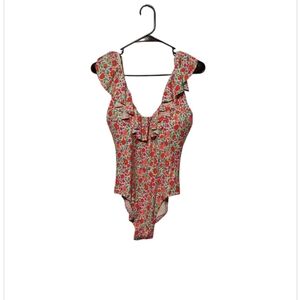 J. Crew One Piece Swimsuit Size 12 Pink Orange Floral Ruffle Beach Vacation Boho